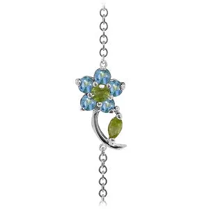 0.87 Carat 14K Solid White Gold Flower Bracelet Blue Topaz Peridot