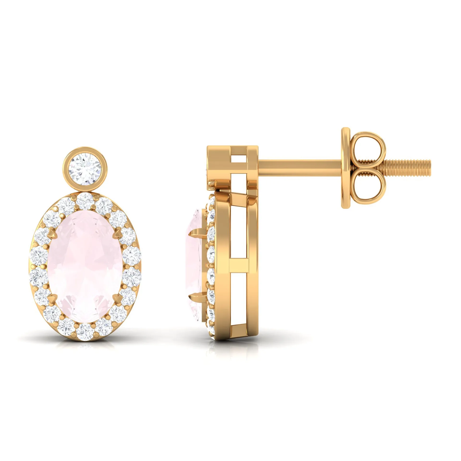 1 CT Oval Rose Quartz and Diamond Halo Stud Earrings