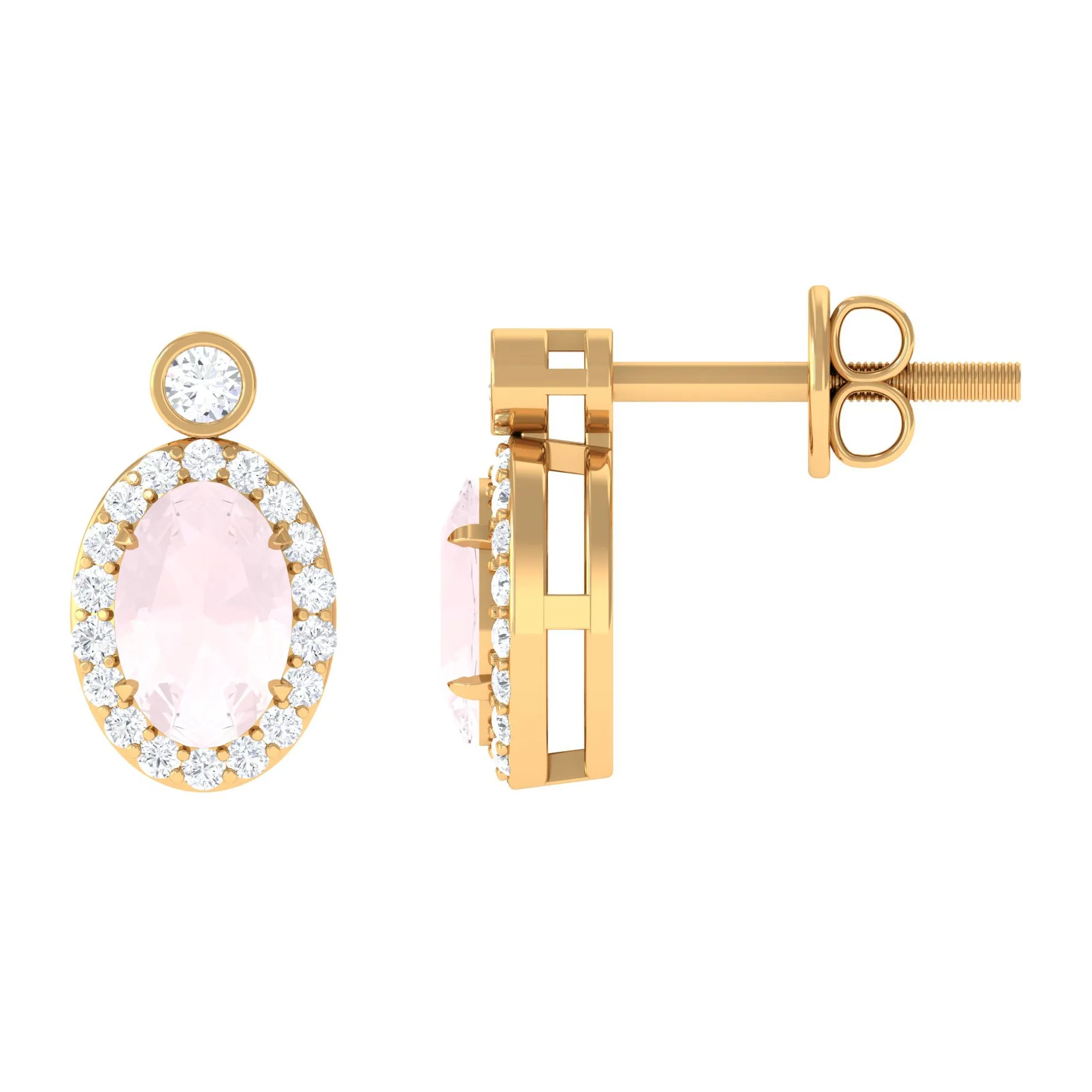 1 CT Oval Rose Quartz and Diamond Halo Stud Earrings