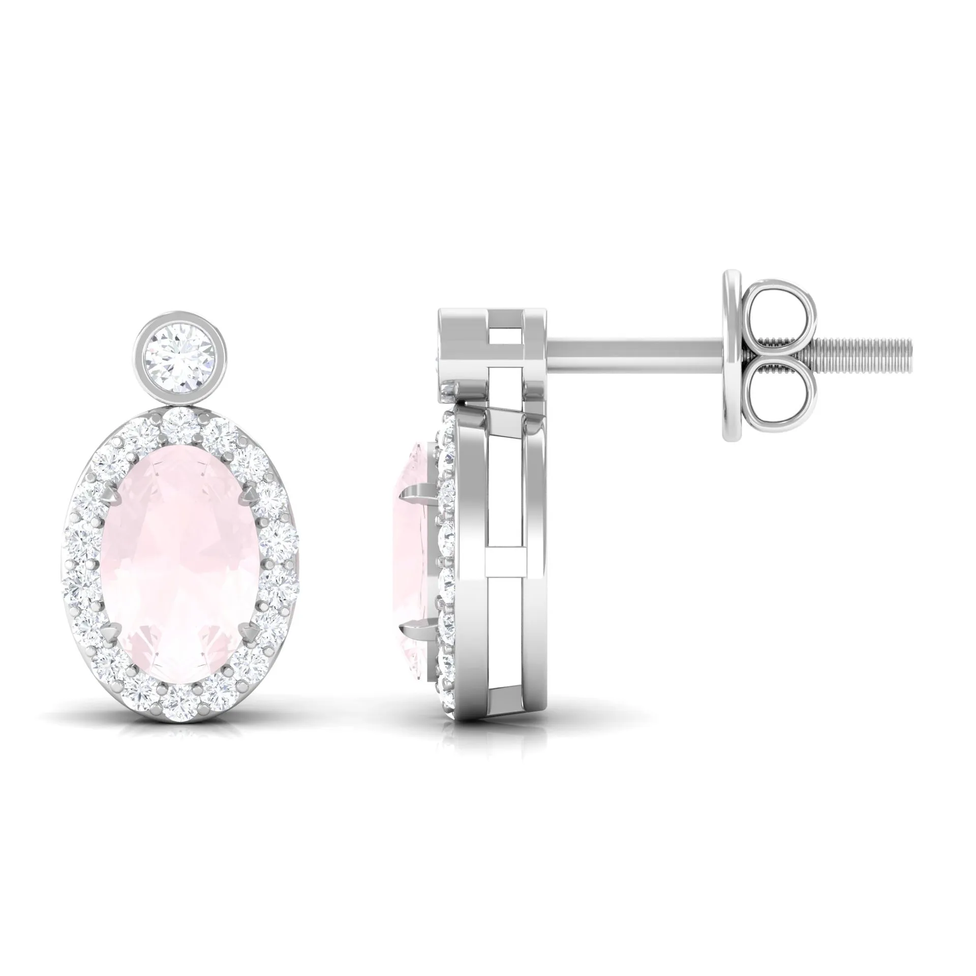 1 CT Oval Rose Quartz and Diamond Halo Stud Earrings