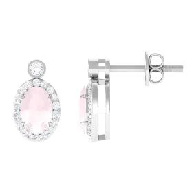 1 CT Oval Rose Quartz and Diamond Halo Stud Earrings