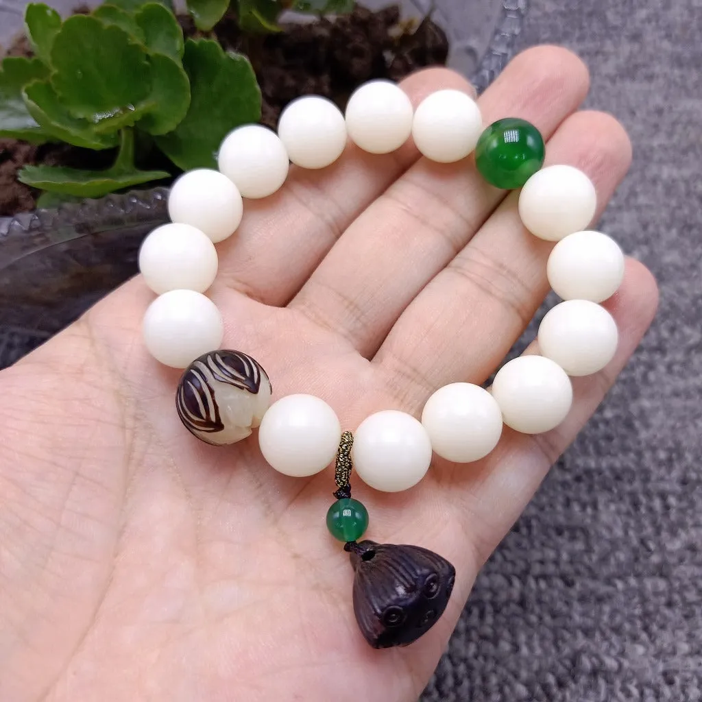 108 White Jade Bodhi Root Bracelets With Lotus Beads
