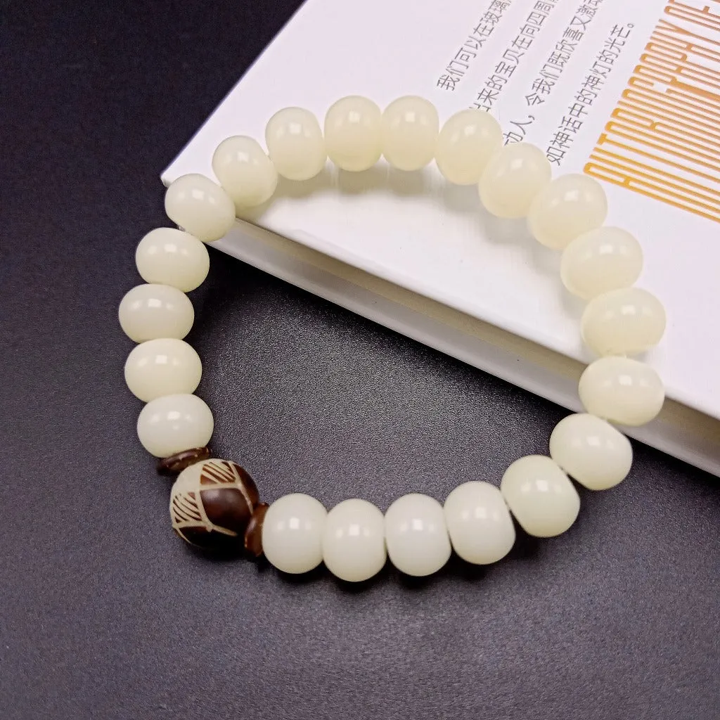 108 White Jade Bodhi Root Bracelets With Lotus Beads