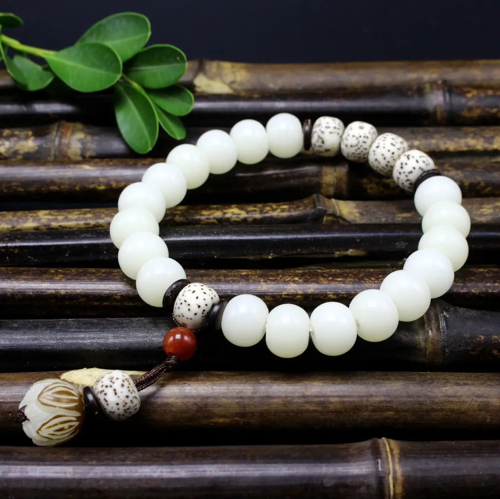 108 White Jade Bodhi Root Bracelets With Lotus Beads