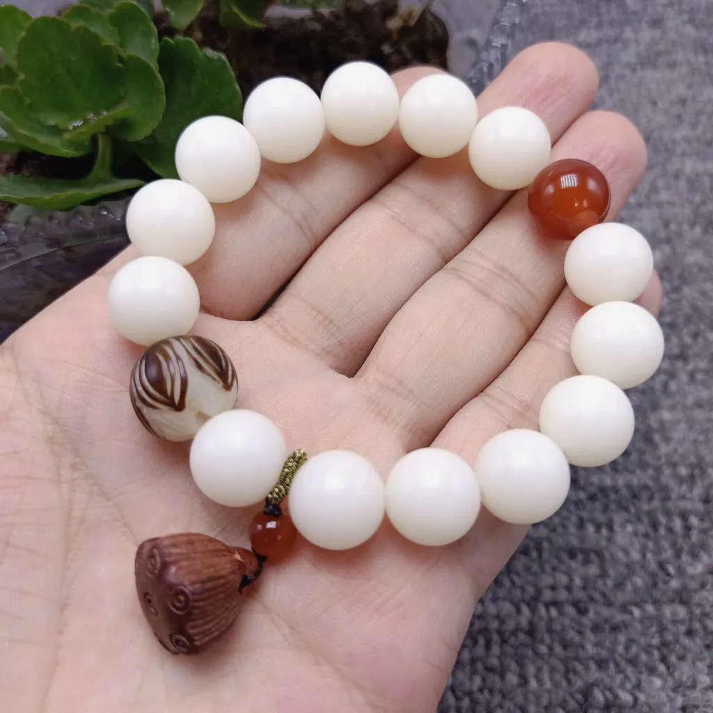 108 White Jade Bodhi Root Bracelets With Lotus Beads