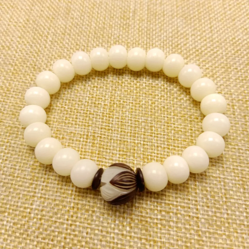108 White Jade Bodhi Root Bracelets With Lotus Beads