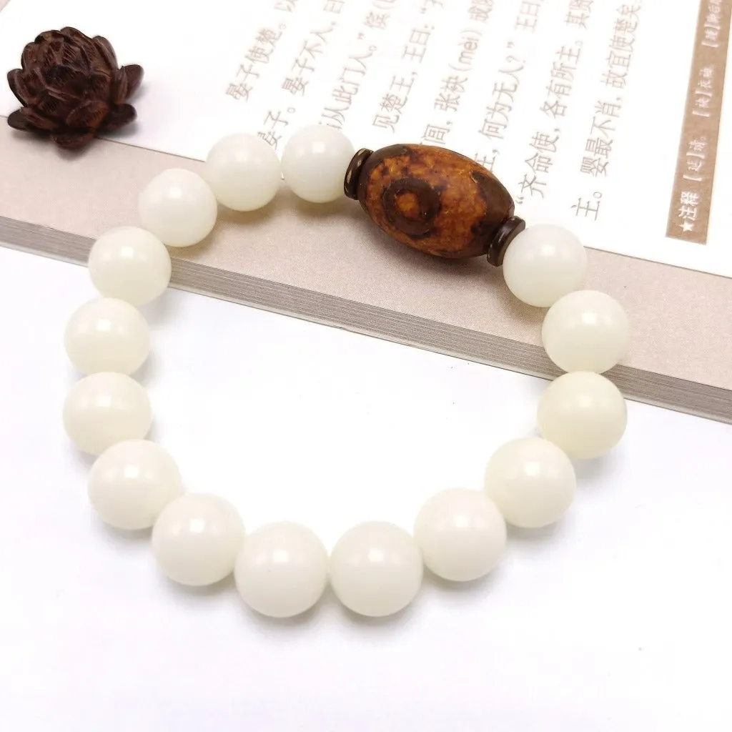 108 White Jade Bodhi Root Bracelets With Lotus Beads