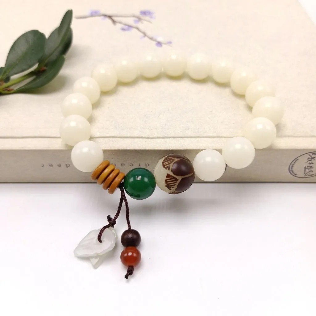 108 White Jade Bodhi Root Bracelets With Lotus Beads