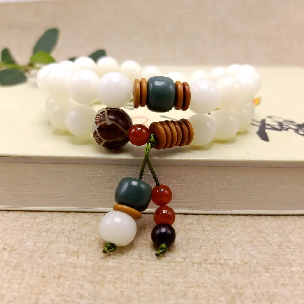 108 White Jade Bodhi Root Bracelets With Lotus Beads
