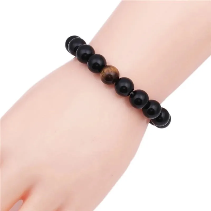 10mm Tiger Eye Volcanic Stone Bracelet Natural Black Agate Yellow Tiger Eye Bracelet Beaded Bracelet