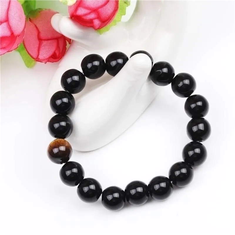 10mm Tiger Eye Volcanic Stone Bracelet Natural Black Agate Yellow Tiger Eye Bracelet Beaded Bracelet