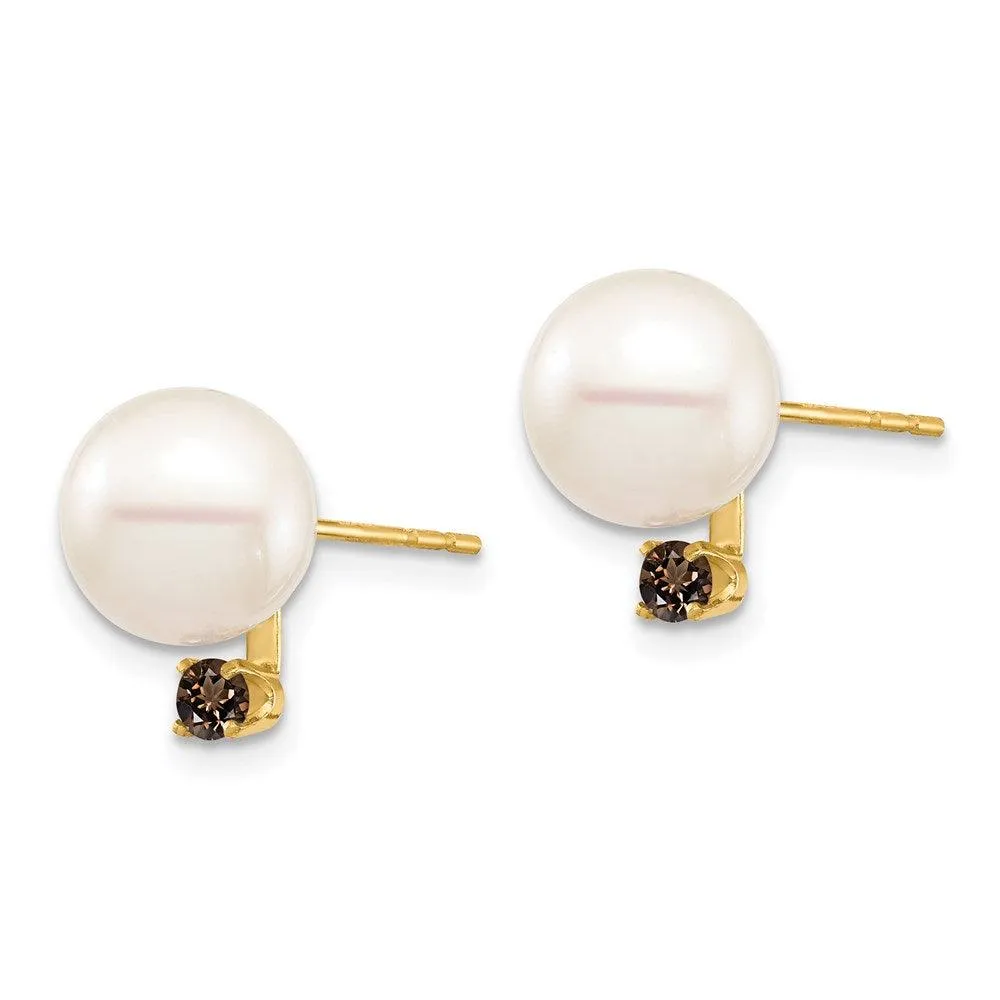 14K 8-8.5mm White Round Freshwater Cultured Pearl Smoky Quartz Post Earring