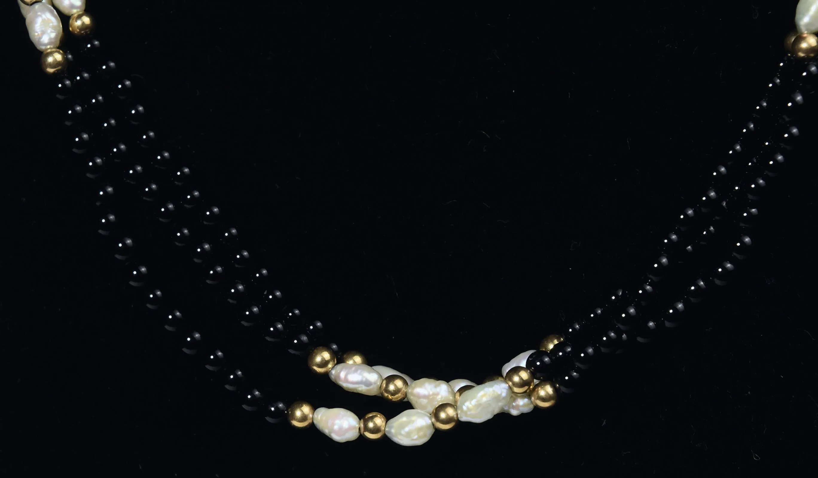 14k Gold, Black Onyx and Freshwater Pearl Triple Strand Necklace