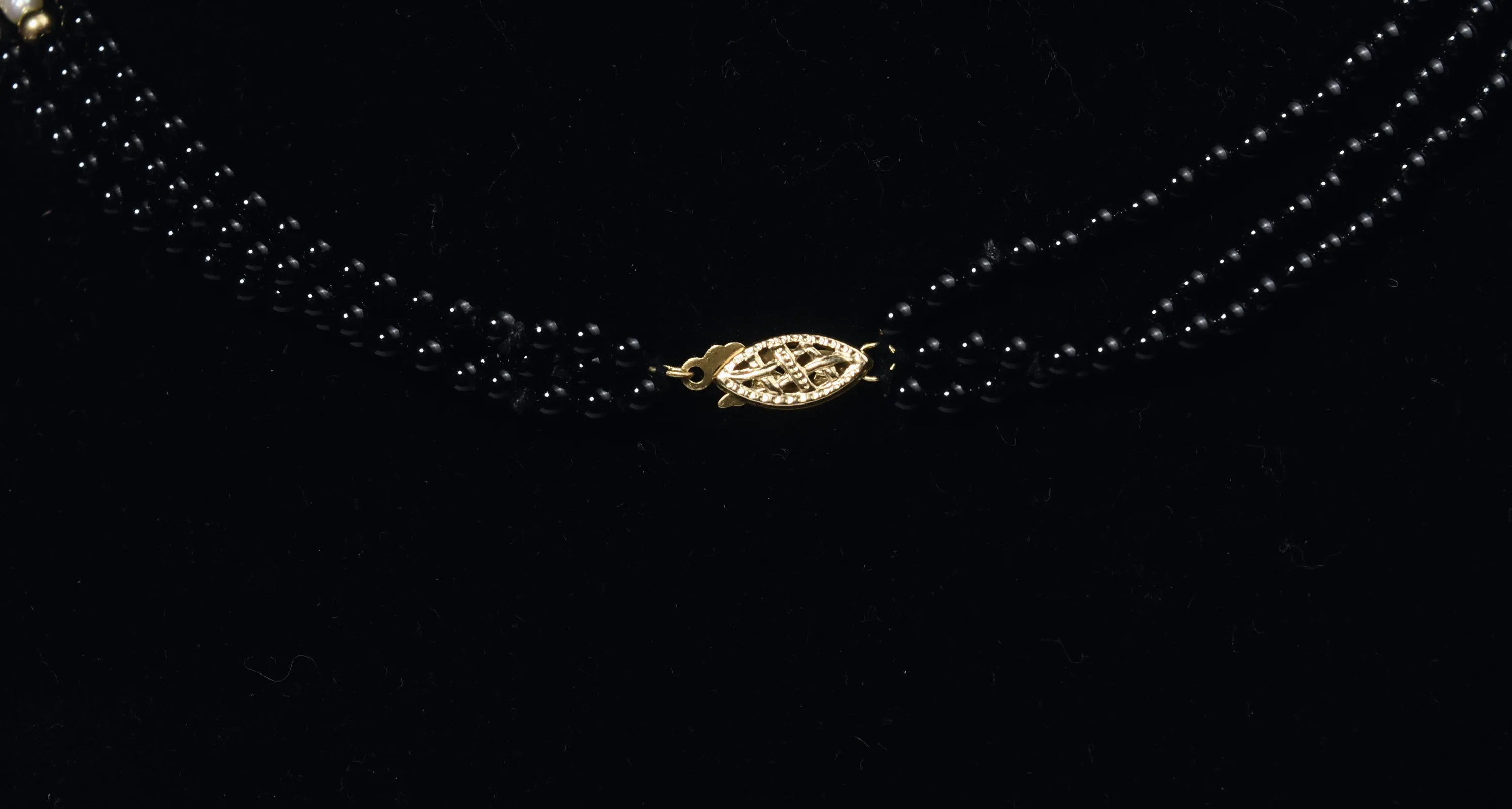 14k Gold, Black Onyx and Freshwater Pearl Triple Strand Necklace