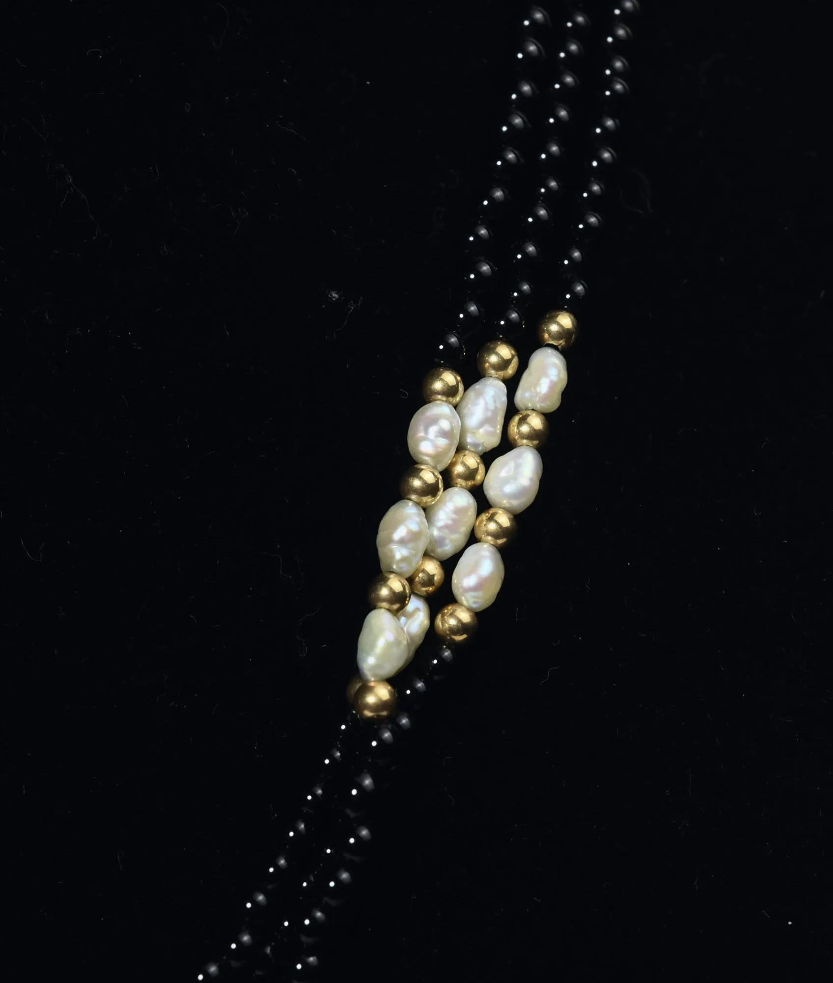 14k Gold, Black Onyx and Freshwater Pearl Triple Strand Necklace