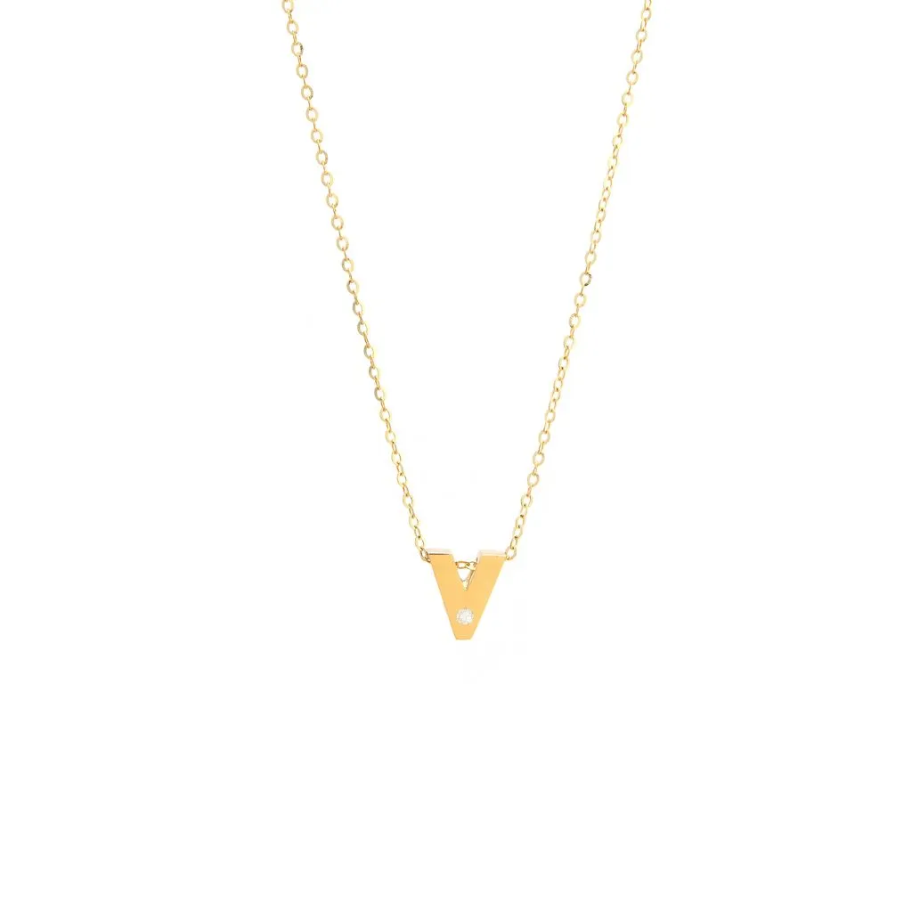 14K Gold Initial "V" Necklace (Diamond)