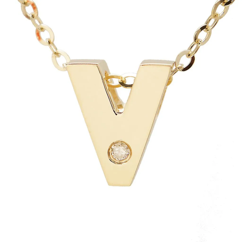 14K Gold Initial "V" Necklace (Diamond)
