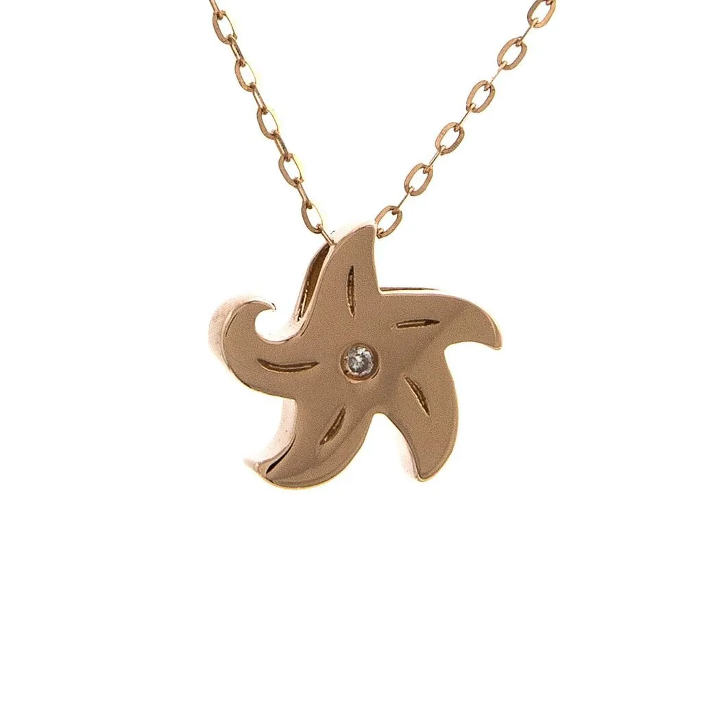 14K Rose Gold Starfish Round Bezel Diamond Necklace