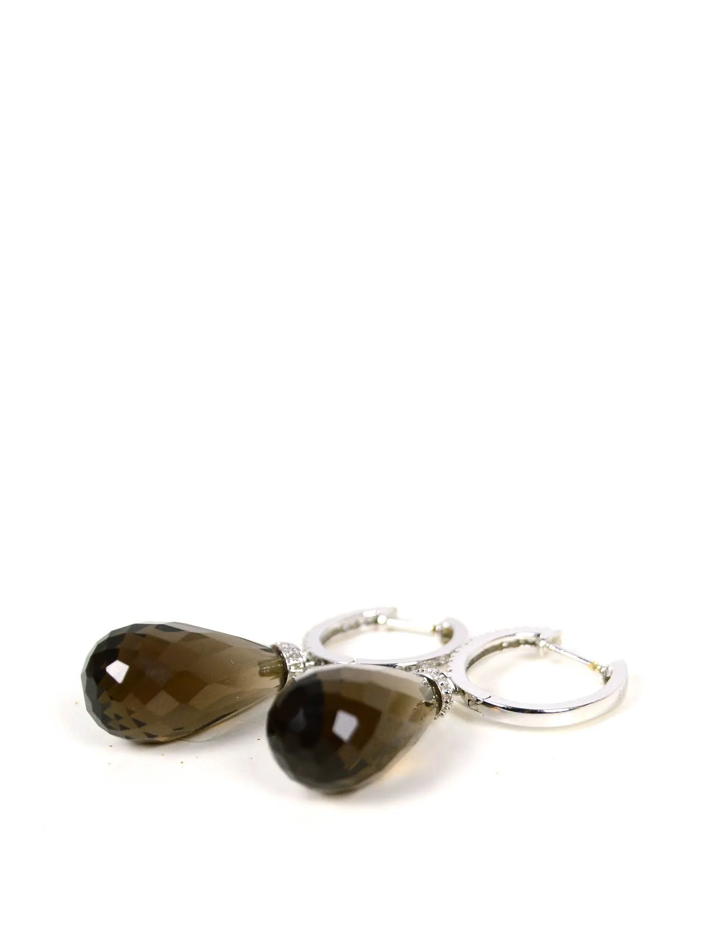 14k White Gold & Diamond 15mm Huggies w/ Smoky Quartz