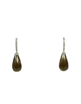 14k White Gold & Diamond 15mm Huggies w/ Smoky Quartz