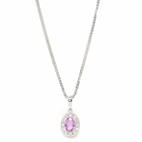 14k White Gold Natural Oval Pink Sapphire Necklace With Diamond Halo