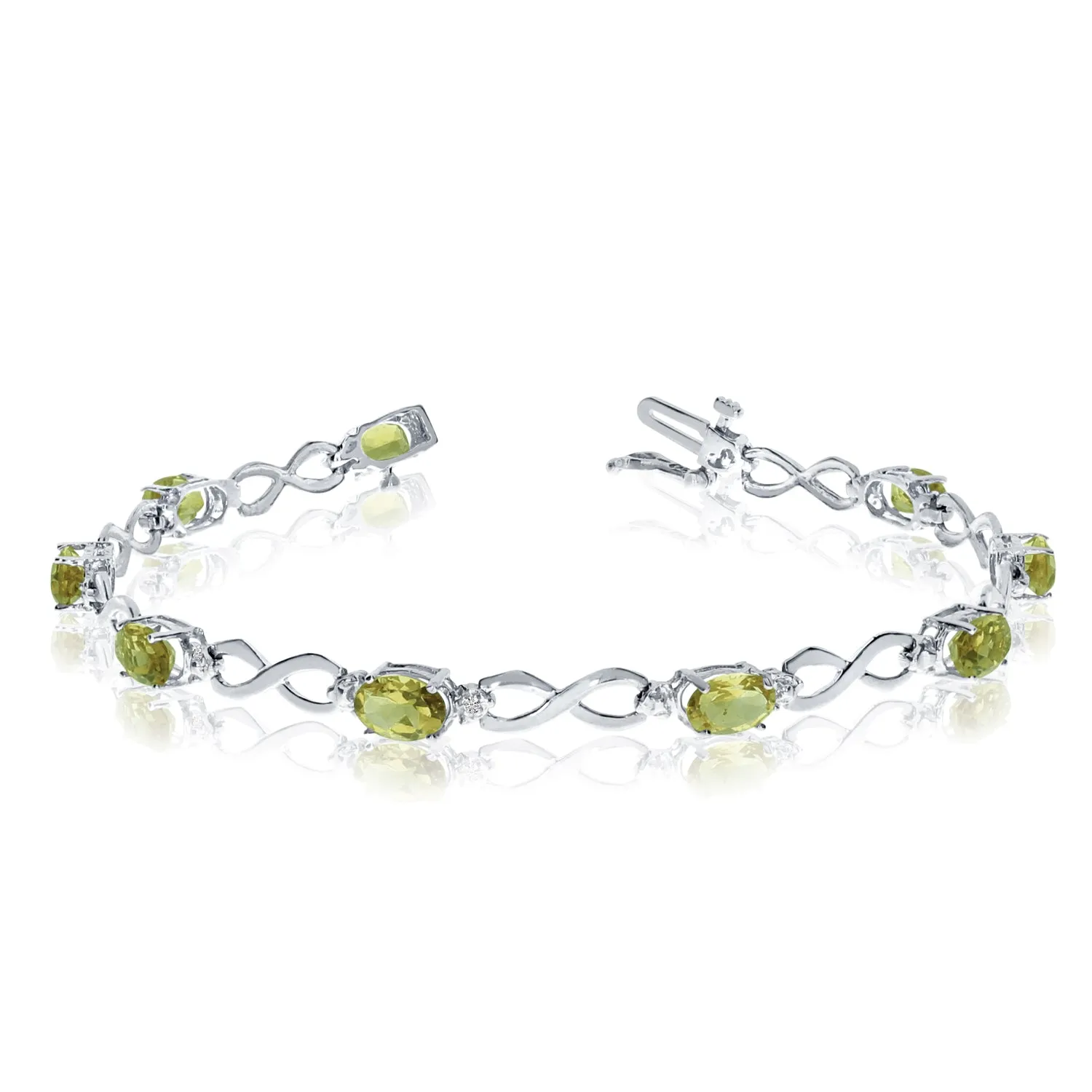 14K White Gold Oval Peridot Stones And Diamonds Infinity Tennis Bracelet, 7"
