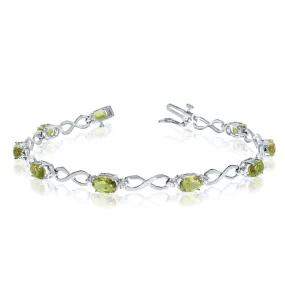 14K White Gold Oval Peridot Stones And Diamonds Infinity Tennis Bracelet, 7"