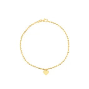 14K Yellow Gold 2.00mm Beaded Chain w/Dangle Heart Bracelet