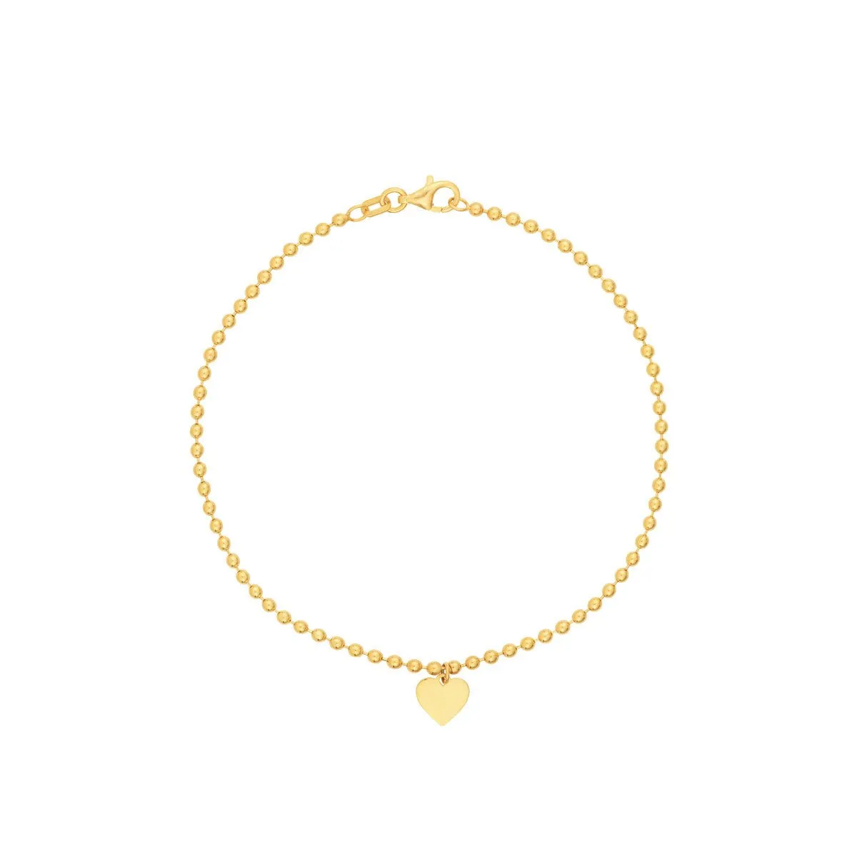 14K Yellow Gold 2.00mm Beaded Chain w/Dangle Heart Bracelet