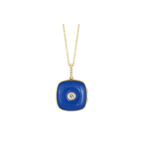 14K Yellow Gold and Blue Enamel Diamond Cushion Shaped Locket Necklace