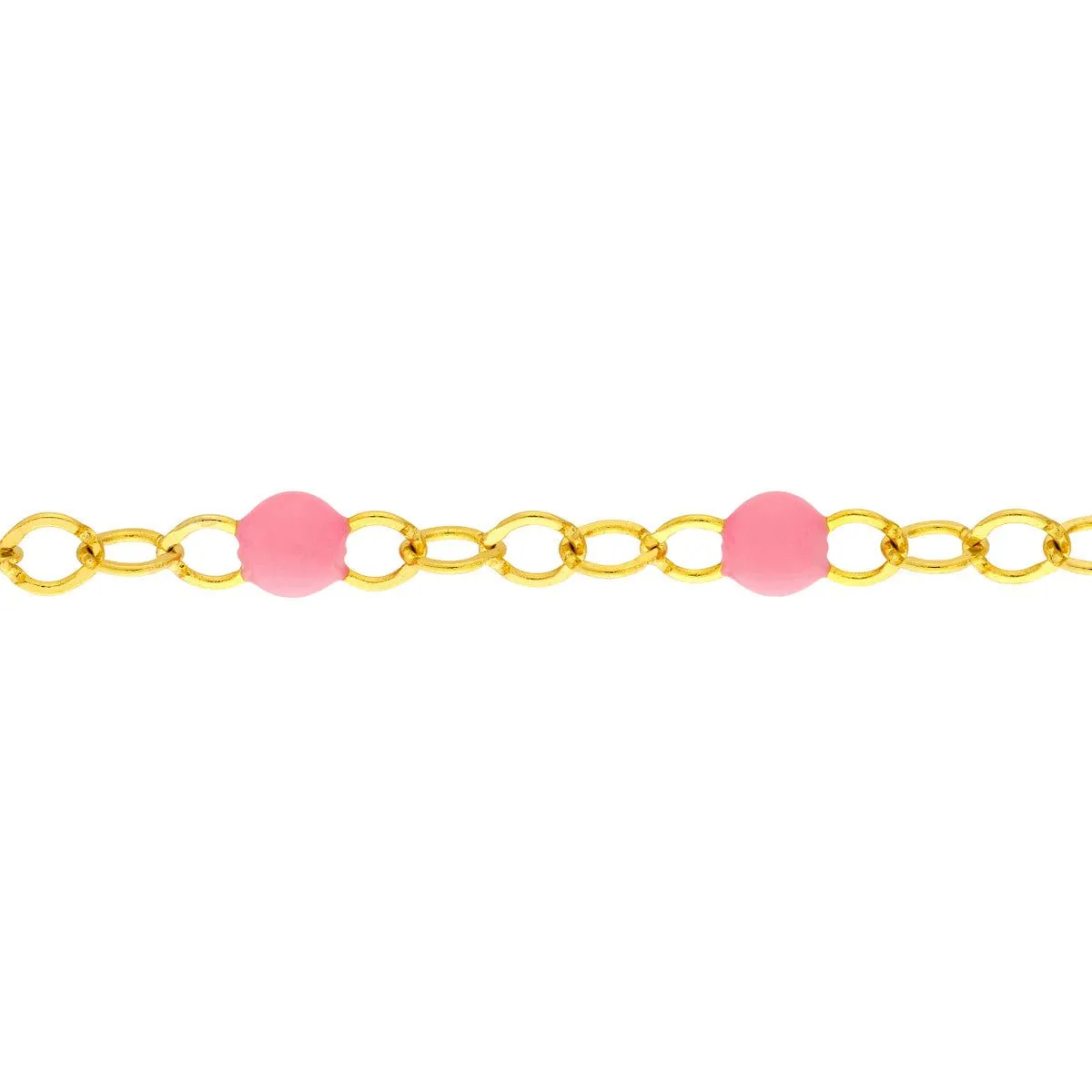 14K Yellow Gold Baby Pink Enamel Bead Piatto Chain Bracelet