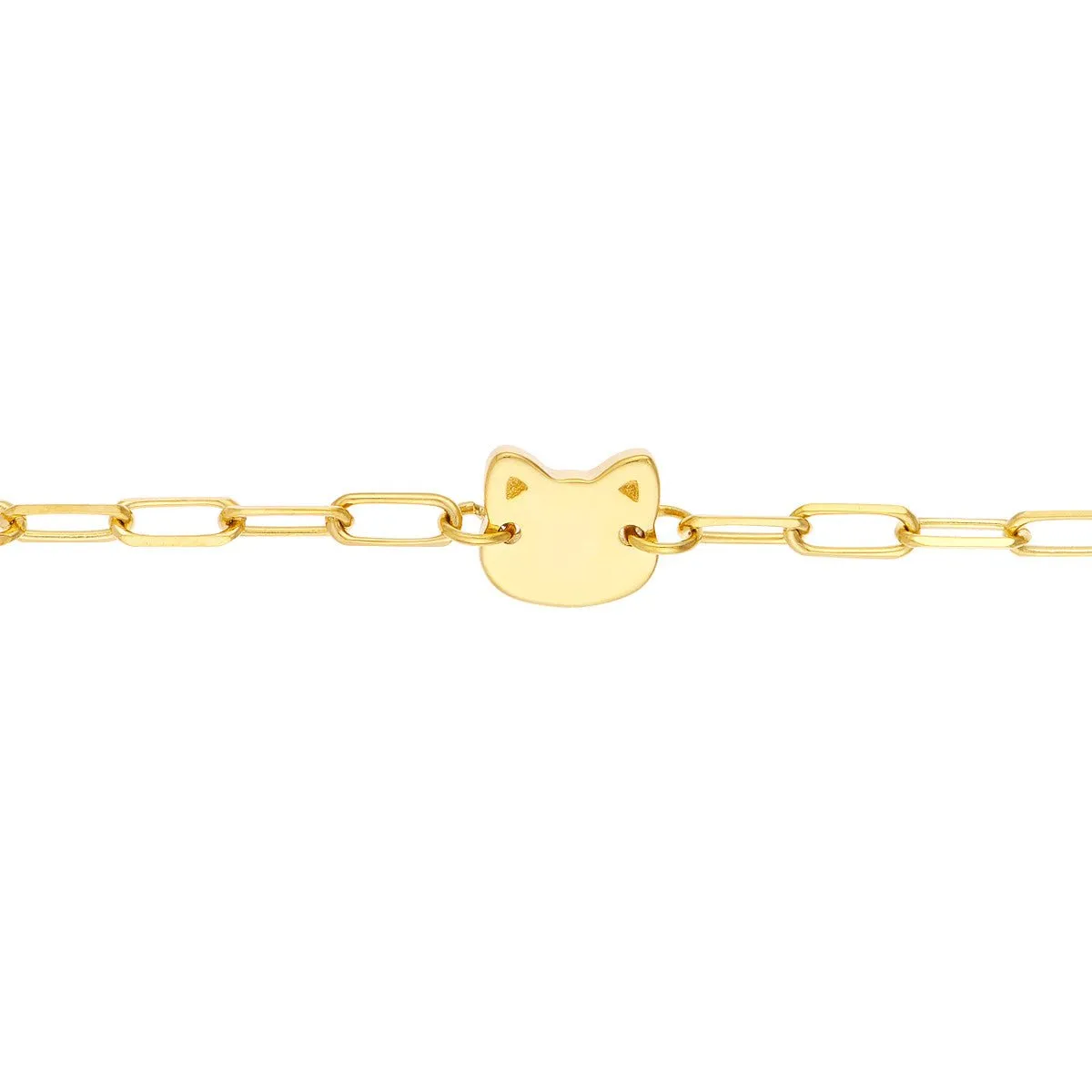 14K Yellow Gold Kid's Paper Clip Chain Bracelet with Cat