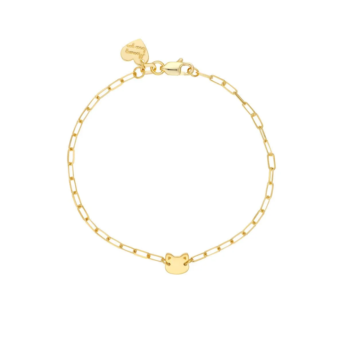14K Yellow Gold Kid's Paper Clip Chain Bracelet with Cat