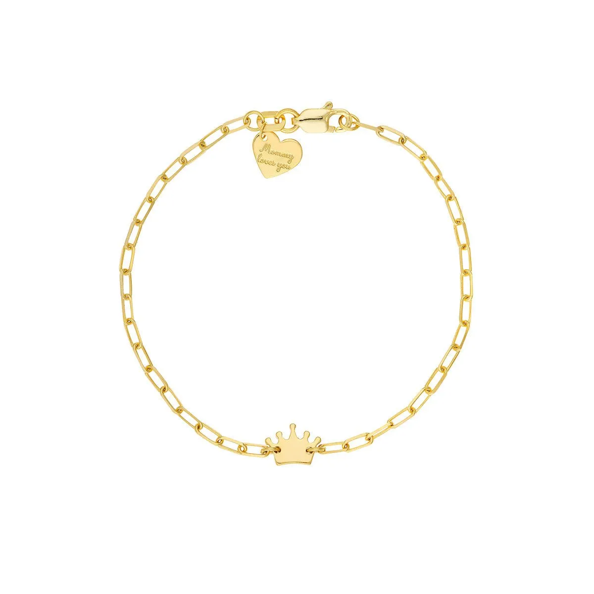 14K Yellow Gold Kid's Paper Clip Chain Bracelet with Crown