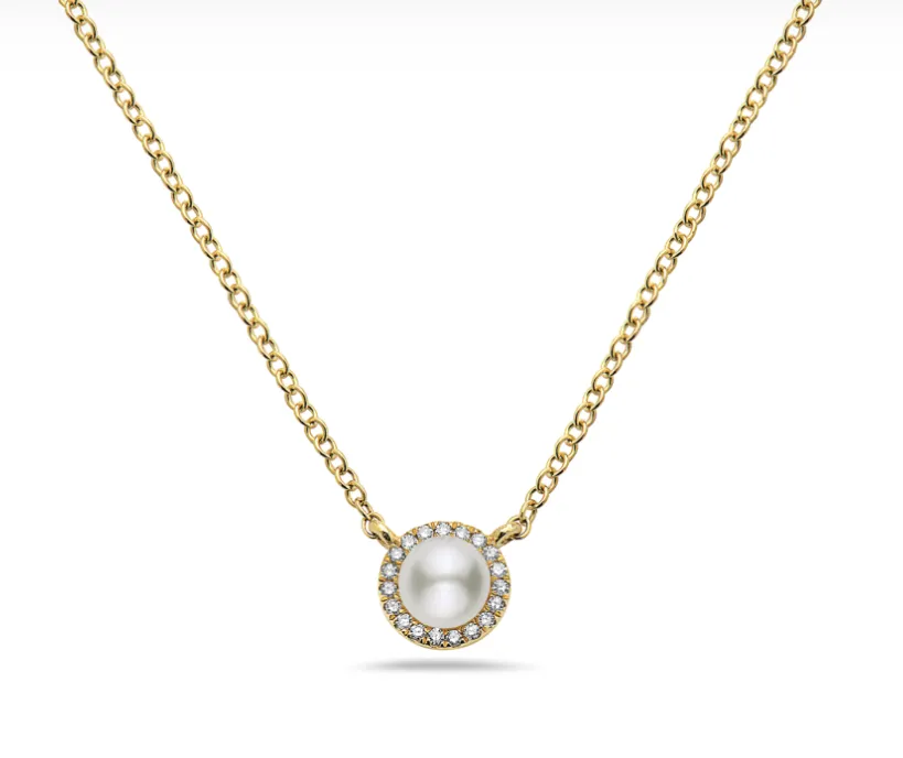 14k Yellow Gold Pearl & Diamond Halo Necklace (I8430)