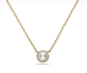 14k Yellow Gold Pearl & Diamond Halo Necklace (I8430)