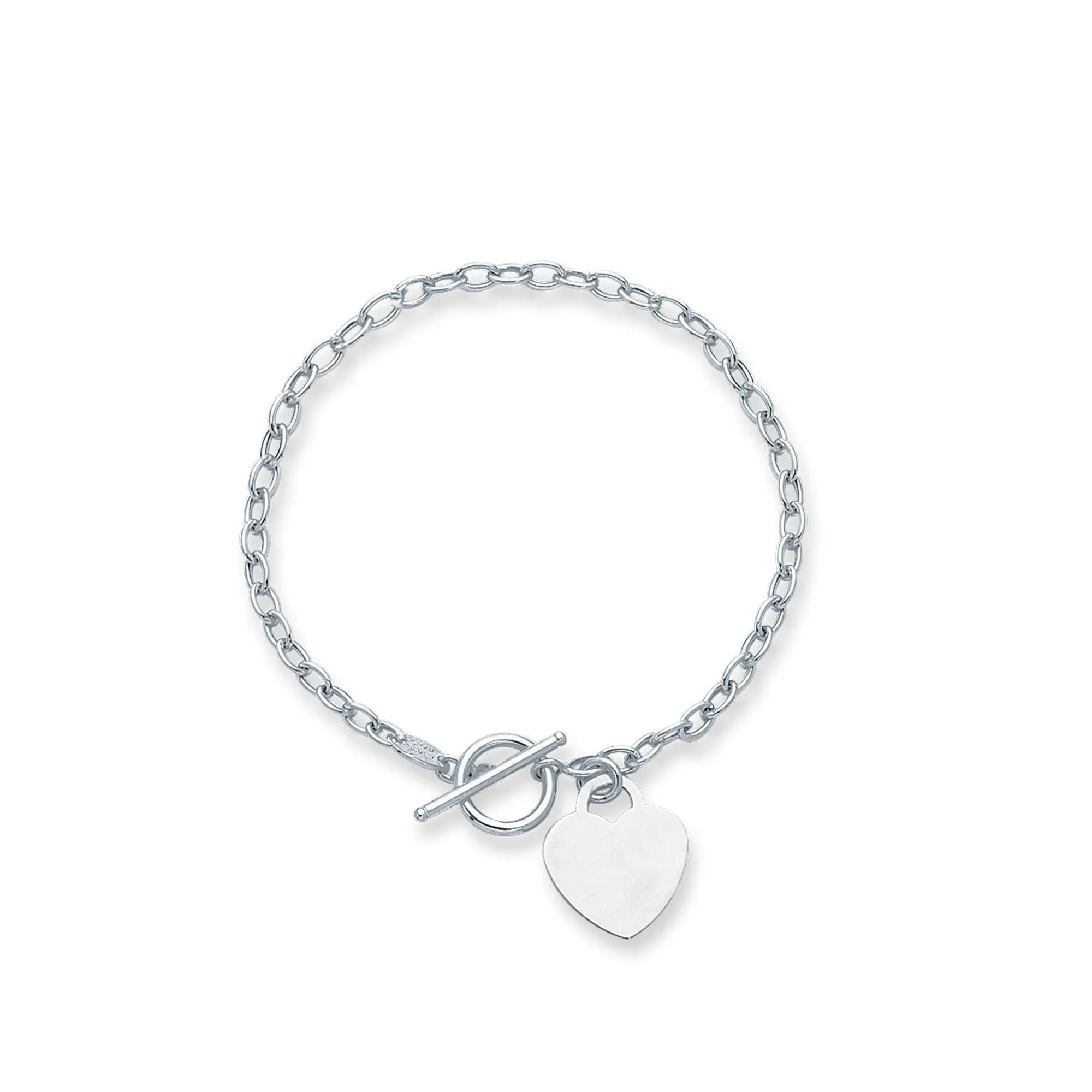 14kt 7.50 inches White Gold Diamond Cut Oval Chain Link Bracelet with Heart   Toggle Lock