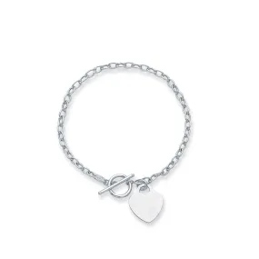 14kt 7.50 inches White Gold Diamond Cut Oval Chain Link Bracelet with Heart   Toggle Lock