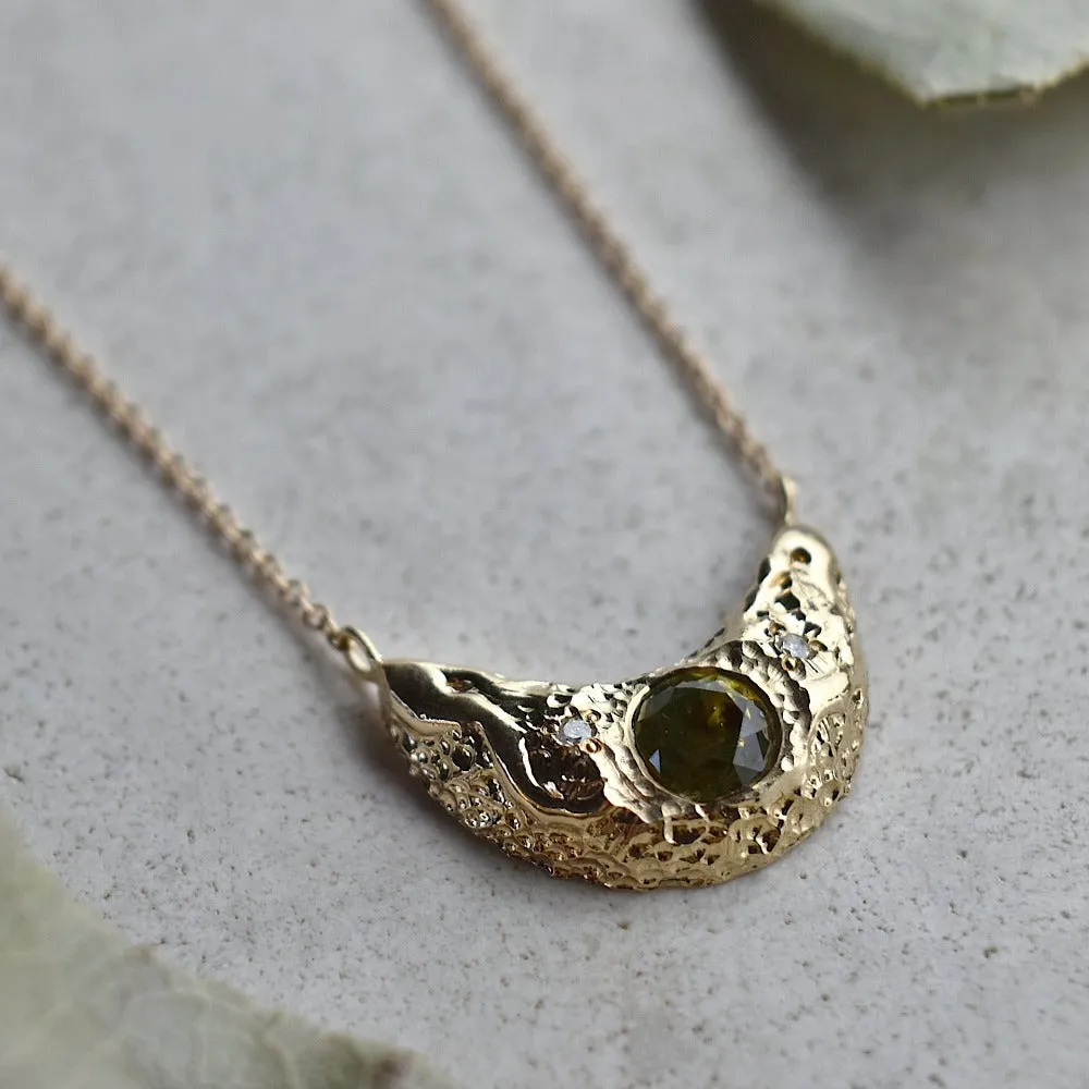 14ky Petite Crescent Moon Necklace with Green Sapphire