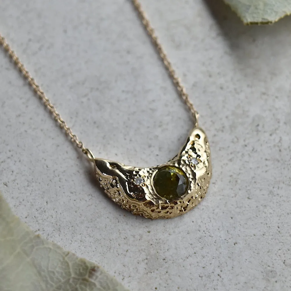 14ky Petite Crescent Moon Necklace with Green Sapphire