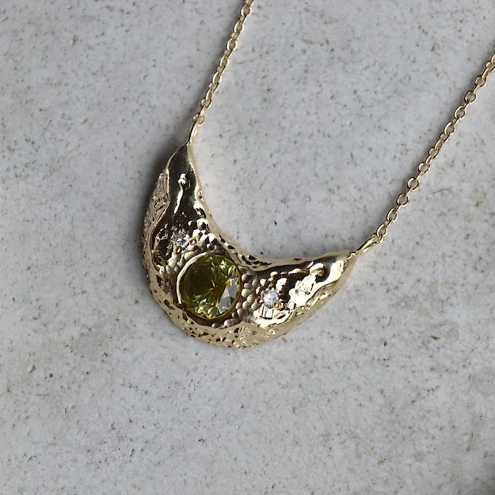 14ky Petite Crescent Moon Necklace with Green Sapphire