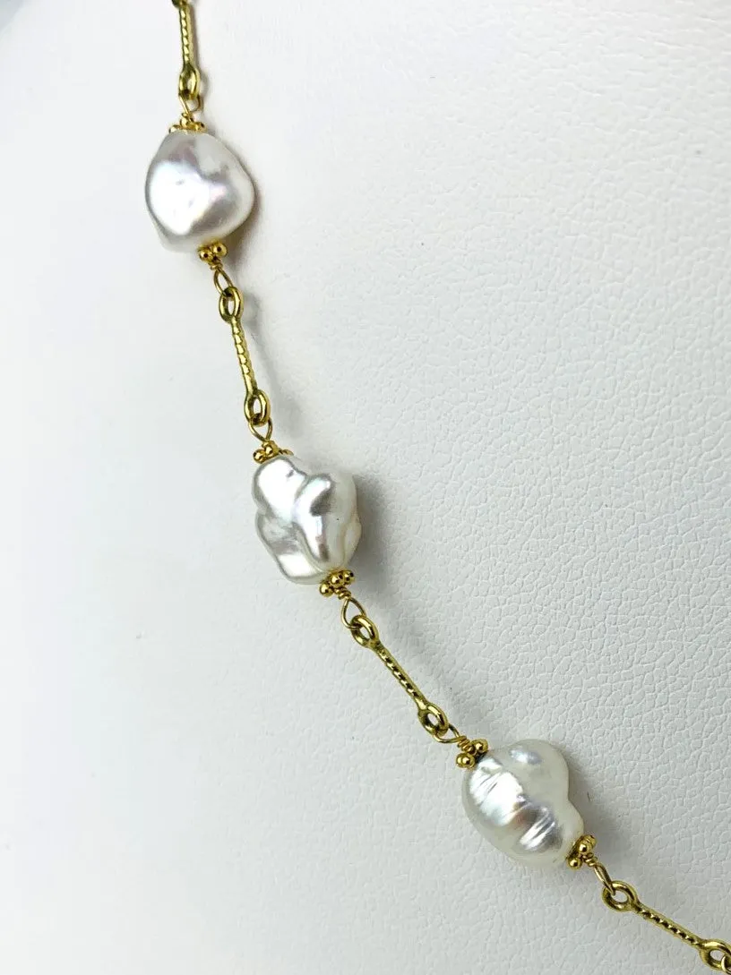 15.5" White Keshi Pearl Station Necklace On Fun Chain in 14KY - NCK-630-TNCPRL14Y-WH-15.6