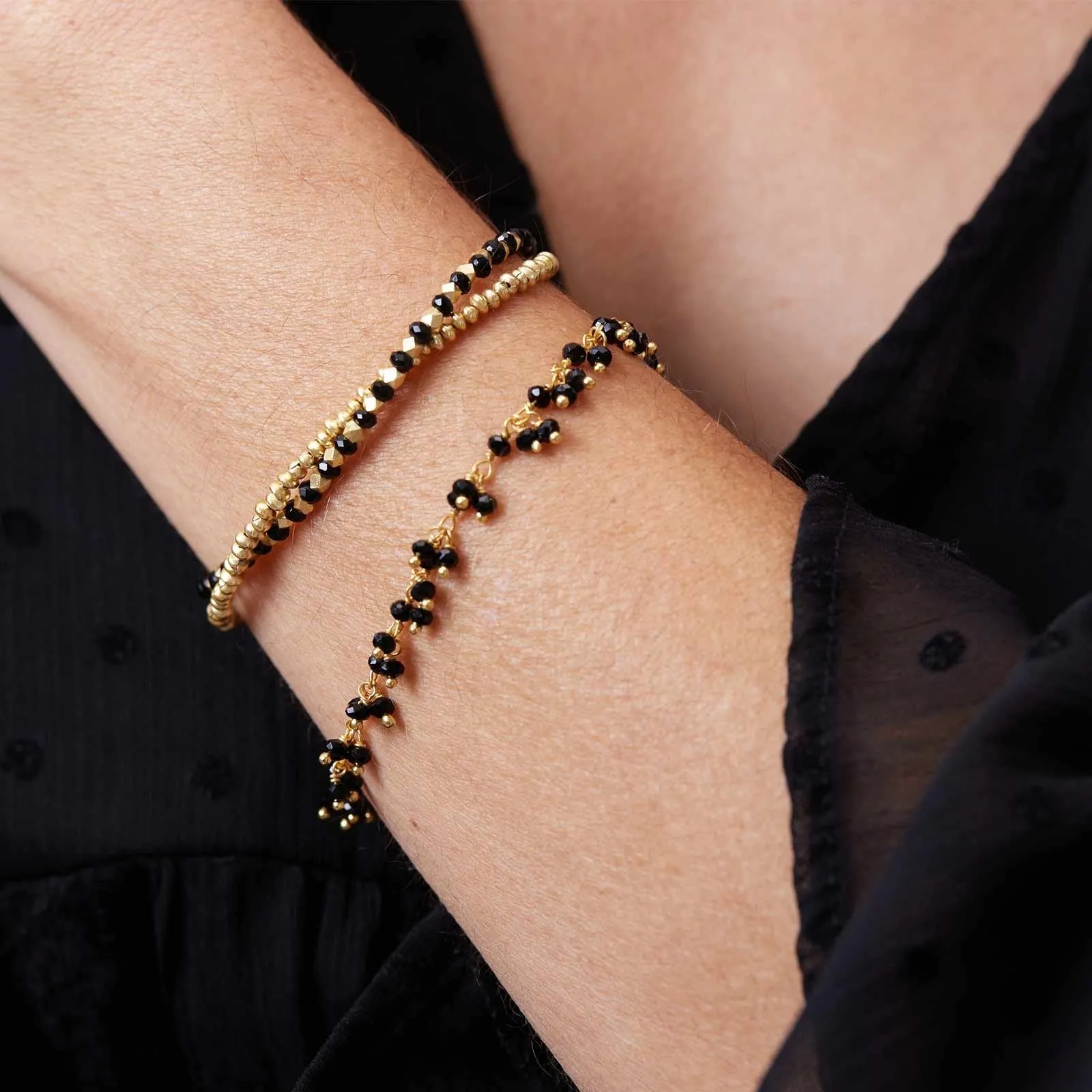 18K Gold Plated Black Onyx Beaded Bracelet
