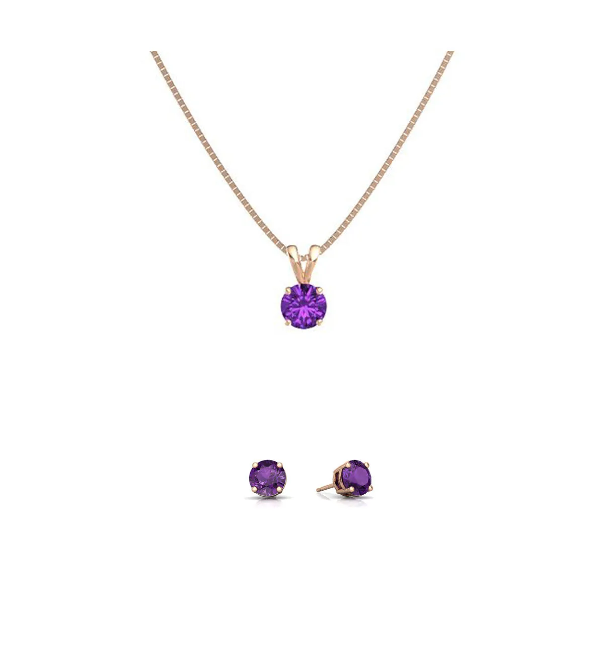 18K Rose Gold 2ct Amethyst Round 18 Inch Necklace and Earrings Set Plated