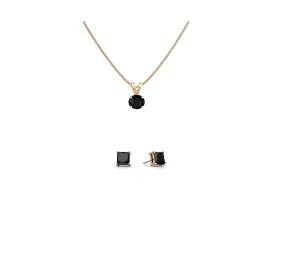18K Rose Gold 4ct Black Sapphire Round 18 Inch Necklace and Square Earrings Set Plated