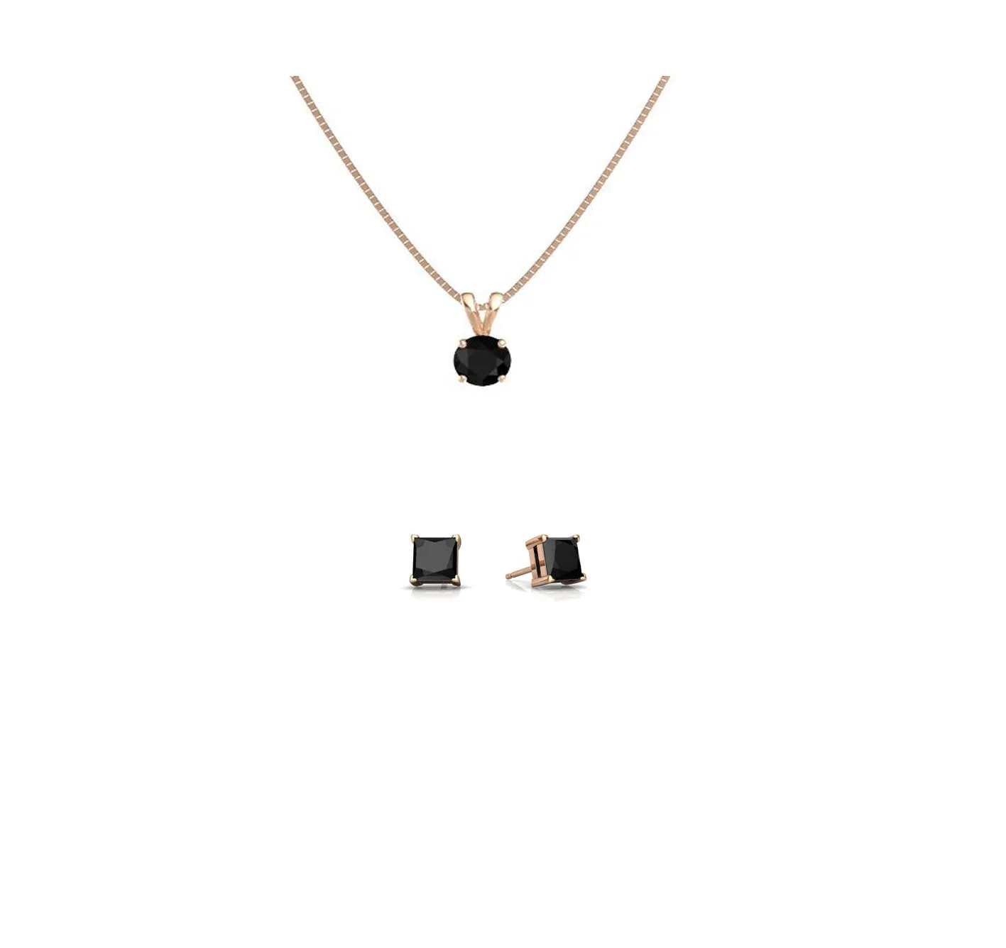 18K Rose Gold 4ct Black Sapphire Round 18 Inch Necklace and Square Earrings Set Plated