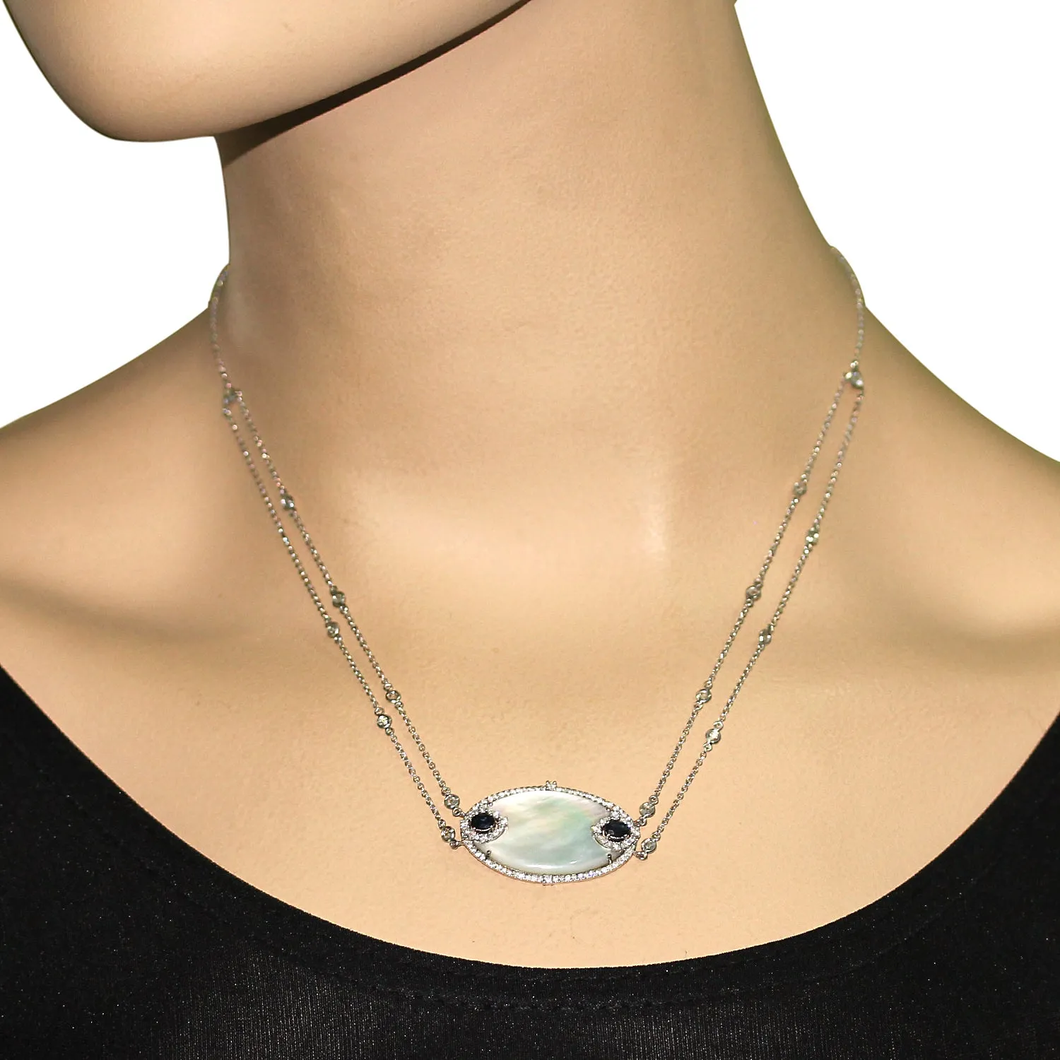 18k White Gold Mop Sapphire Diamond Wedding Princess Necklace For Her On Sale