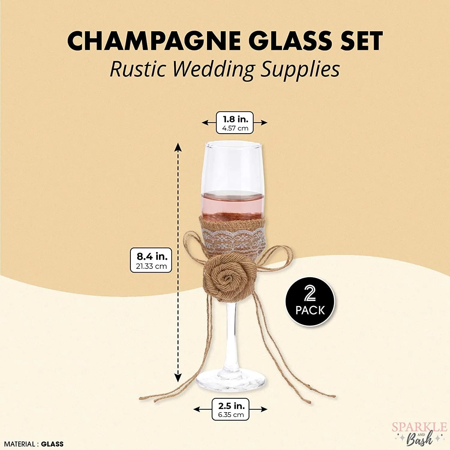 2 Pack Wedding Champagne Glass Flutes with Jute Flower Cup Cover for Bride and Groom Party Supplies Decorations