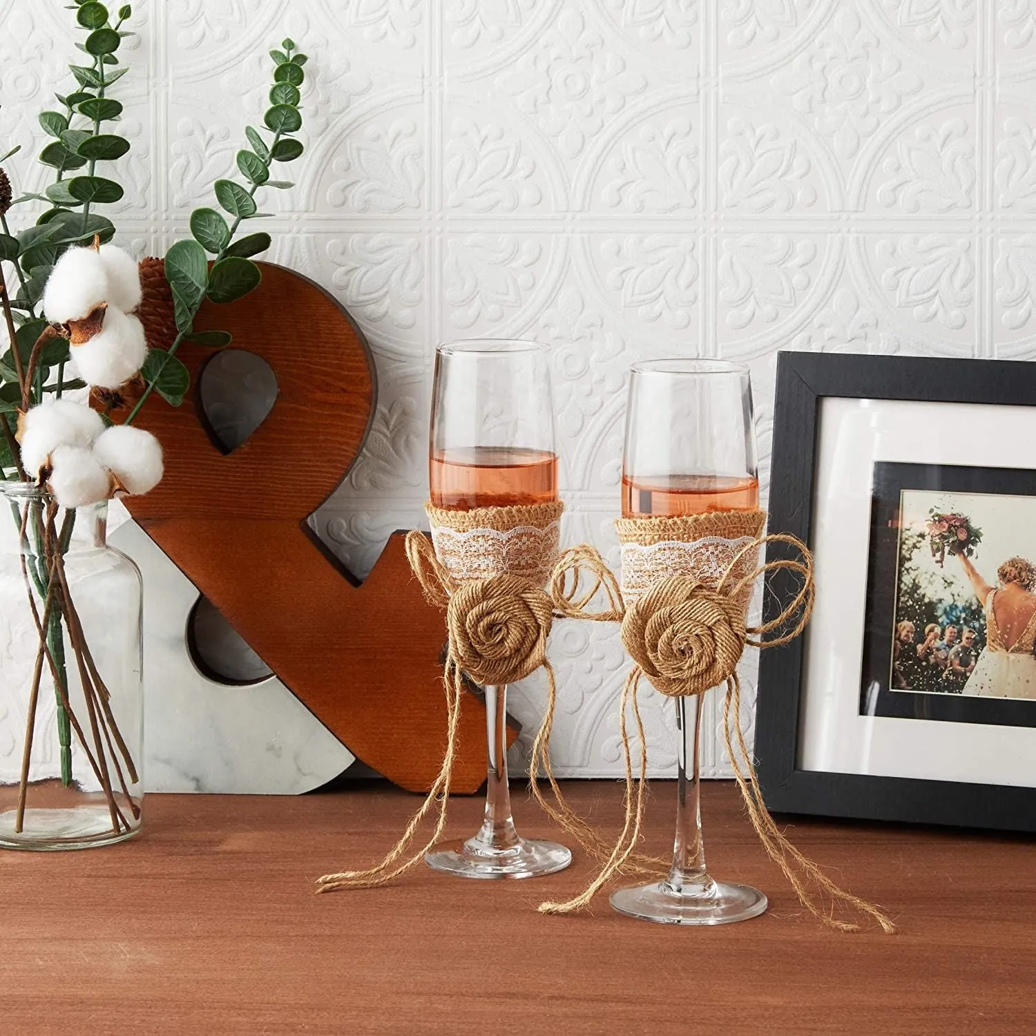 2 Pack Wedding Champagne Glass Flutes with Jute Flower Cup Cover for Bride and Groom Party Supplies Decorations