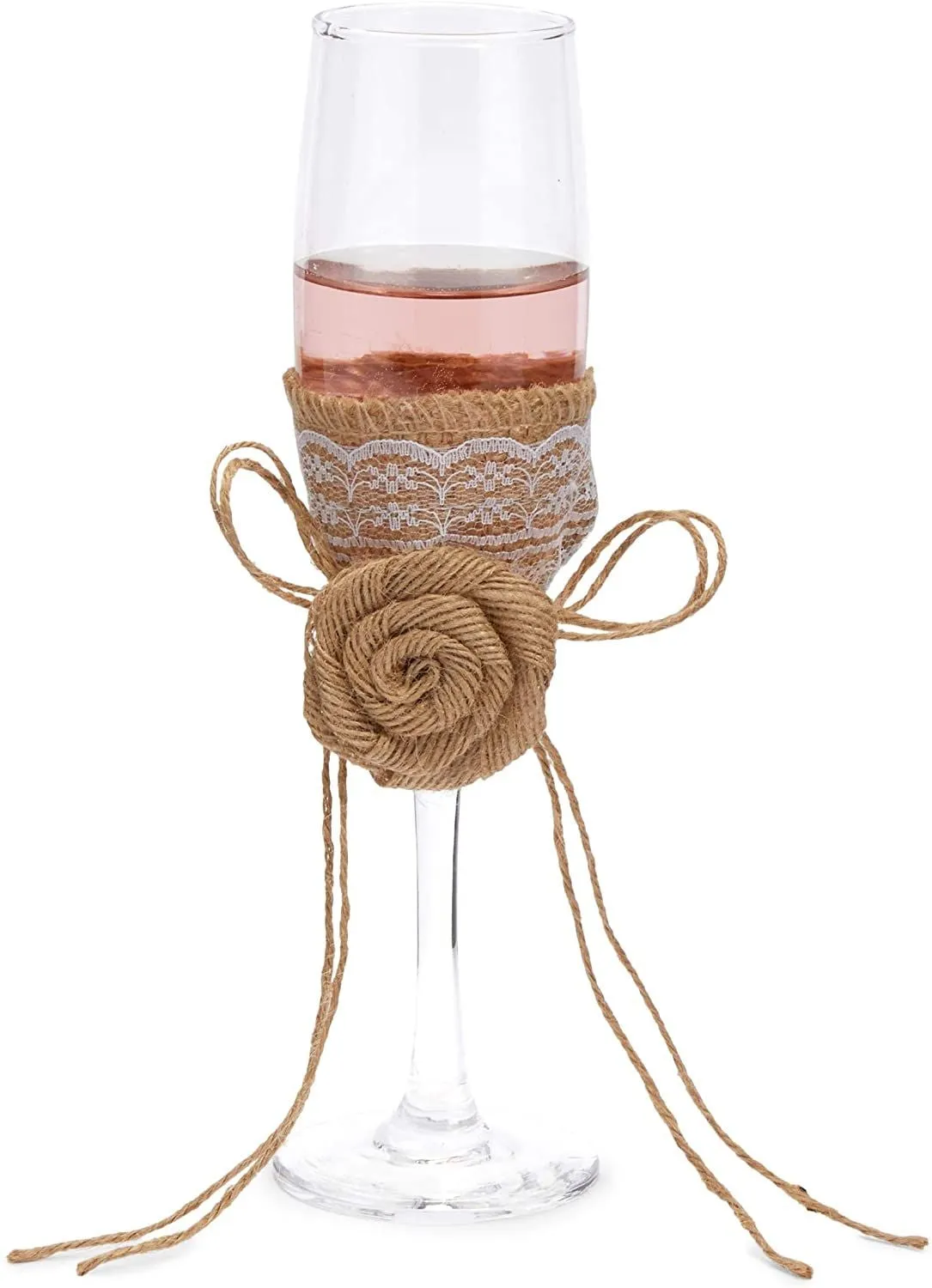 2 Pack Wedding Champagne Glass Flutes with Jute Flower Cup Cover for Bride and Groom Party Supplies Decorations